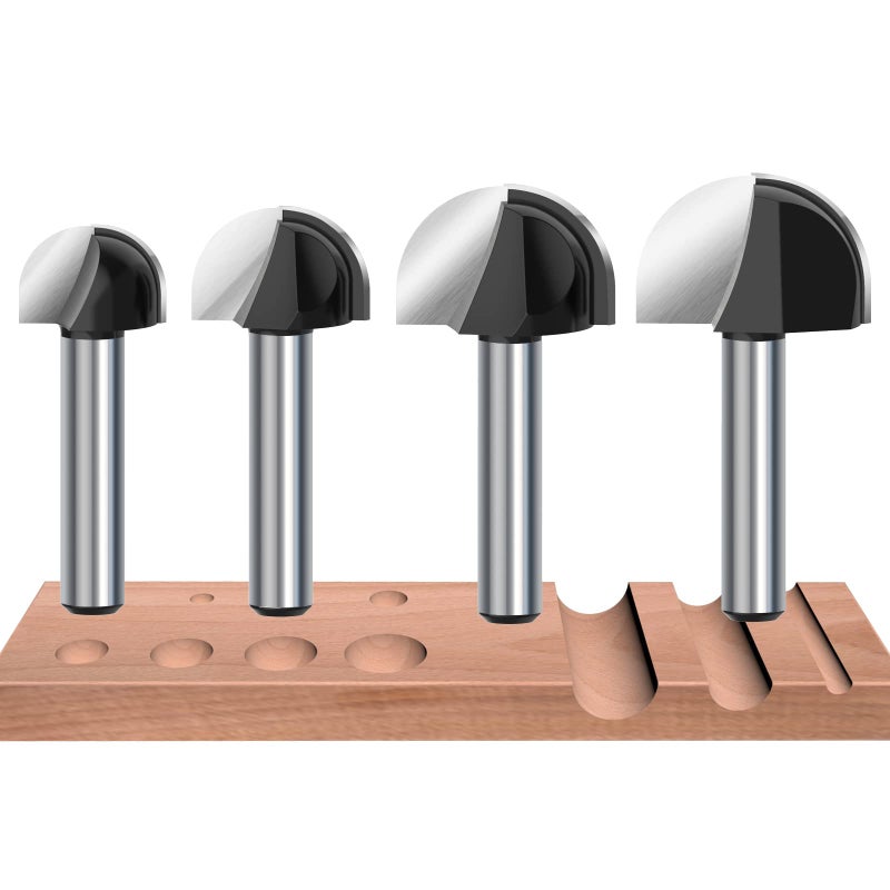 ROOCBIT Core Box Router Bit Set, 4Pcs Solid Carbide 1/4 Inch Shank Woodworking Too Round Nose Double Flute Bits, for Half Round Grooves and Cove Cutting (5/8" 3/4" 7/8" 1") 4-Piece - Image 1